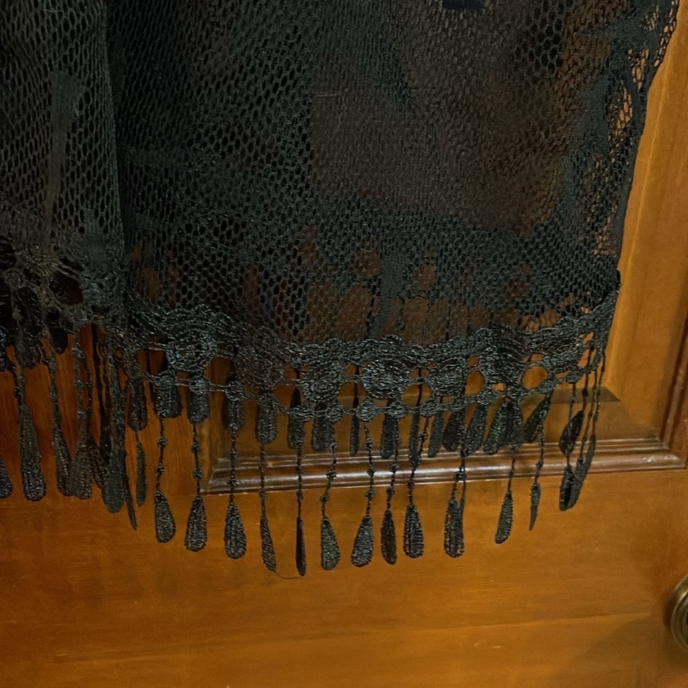MIKEN PALM PRINT Black Sheer Kimono with Fringe LARGE - Picture 3 of 8